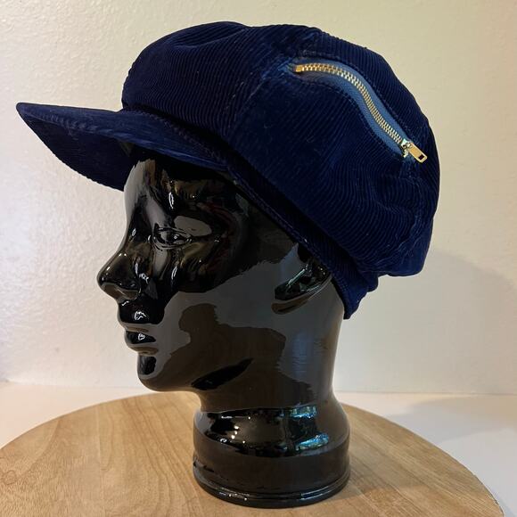 Vintage 1970s Blue 100% Cotton Corduroy Newsboy Slouchy Zipper Hat One Size - Picture 1 of 12